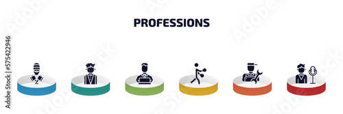 professions infographic element with filled icons and 6 step or option. professions icons such as lumberjack, butler, programmer, boxer, plumber, showman vector.