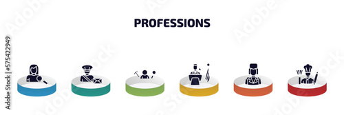 professions infographic element with filled icons and 6 step or option. professions icons such as hr specialist, postman, archeologist, president, stewardess, cooker vector.