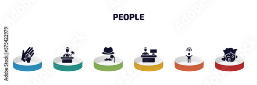people infographic element with filled icons and 6 step or option. people icons such as hand of an adult, judge with hammer, sir, assembler, man with an idea, kiss smile vector.