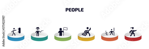 people infographic element with filled icons and 6 step or option. people icons such as man throwing a dart, criminal heist, man holding a flag, businessman dancing, hide and seek, scholar girl