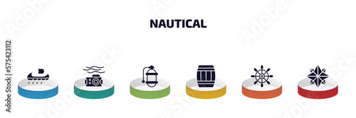 nautical infographic element with filled icons and 6 step or option. nautical icons such as trireme, water resist camera, air tank, big barrel, boat steering wheel, wind rose vector.