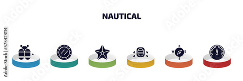 nautical infographic element with filled icons and 6 step or option. nautical icons such as double air tank, submarine window, big starfish, rubber raft, compass, barometer vector.