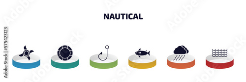 nautical infographic element with filled icons and 6 step or option. nautical icons such as ship engine propeller, big float, bait, shark, rainy cloud, ocean waves vector.