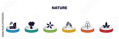 nature infographic element with filled icons and 6 step or option. nature icons such as cliff, pin cherry tree, neroli, lavender, birch, hemp vector.