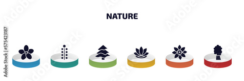 nature infographic element with filled icons and 6 step or option. nature icons such as oleander, mimosa, balsam fir tree, lotus flower, jonquil, american chestnut tree vector.