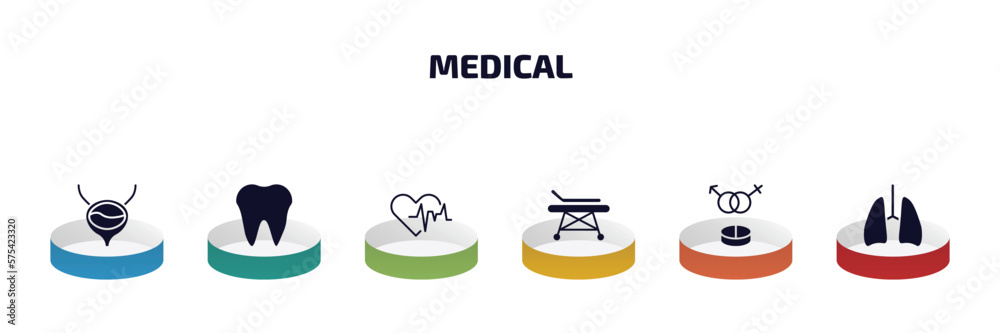 medical infographic element with filled icons and 6 step or option. medical icons such as bladder, tooth, cardiogram, hospital bed side view, united heterosexual, lungs vector. medical infographic element with filled icons and 6 step or option. medical icons such as bladder, tooth, cardiogram, hospital bed side view, united heterosexual, lungs vector.