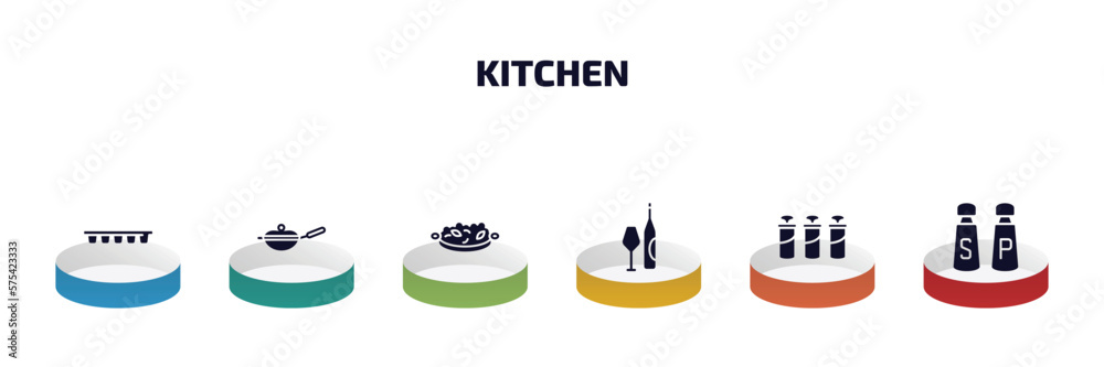 Fototapeta premium kitchen infographic element with filled icons and 6 step or option. kitchen icons such as ice cube tray, skillet, paella, wine bottle, spice jar, salt and pepper vector.
