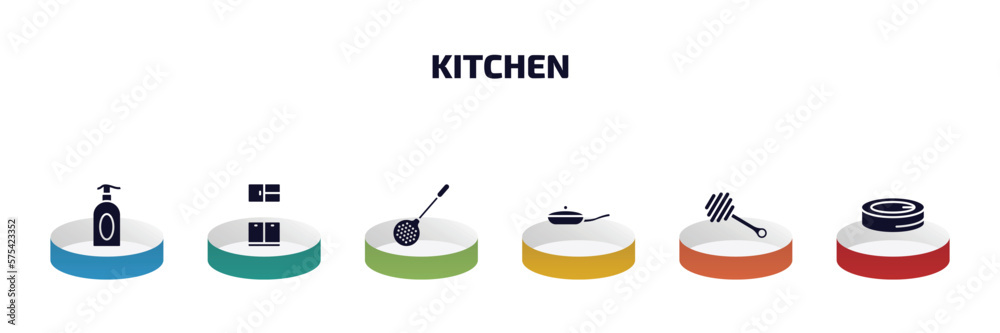 kitchen infographic element with filled icons and 6 step or option. kitchen icons such as liquid soap, kitchen cabinet, skimmer, pan, honey dipper, conserve vector. kitchen infographic element with filled icons and 6 step or option. kitchen icons such as liquid soap, kitchen cabinet, skimmer, pan, honey dipper, conserve vector.