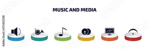 music and media infographic element with filled icons and 6 step or option. music and media icons such as low volume speaker, french horn, semiquaver, cymbals, television screen off, fermata vector.