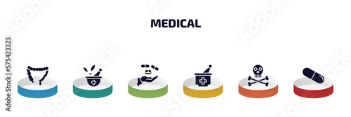 medical infographic element with filled icons and 6 step or option. medical icons such as colon, phary tool, drugs, medicines bowl, skull and bone, medical pill vector.