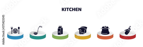 kitchen infographic element with filled icons and 6 step or option. kitchen icons such as dinner, ladle, milk, molded, cooking pot, kitchen mitten vector.