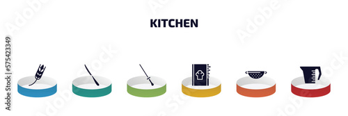 kitchen infographic element with filled icons and 6 step or option. kitchen icons such as wheat, steak knife, knife sharpener, recipe book, strainer, measuring cup vector.