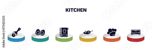 kitchen infographic element with filled icons and 6 step or option. kitchen icons such as pizza cutter, eggs, recipe, broiler, chef hat, bun warmer vector.