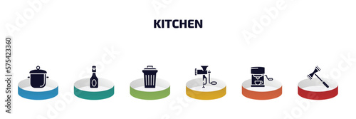 kitchen infographic element with filled icons and 6 step or option. kitchen icons such as stew pot, ketchup, trash, meat grinder, coffee hine, meat tenderizer vector.