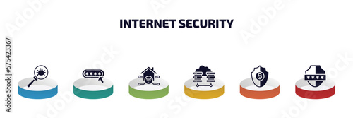 internet security infographic element with filled icons and 6 step or option. internet security icons such as virus search, password, home network, virtualization, gdpr shield, pin code vector.