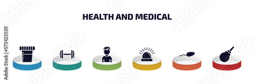 health and medical infographic element with filled icons and 6 step or option. health and medical icons such as urine, dumbbell, boy, emergency, spermatozoon, enema vector.