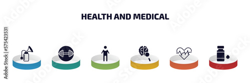 health and medical infographic element with filled icons and 6 step or option. health and medical icons such as breast pump, weightlifting, body, neurology, cardiology, syrup vector.