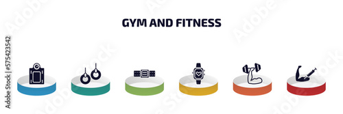 gym and fitness infographic element with filled icons and 6 step or option. gym and fitness icons such as weighing scale, gymnastic rings, athletic strap, sport watch, fitness, steroids vector.