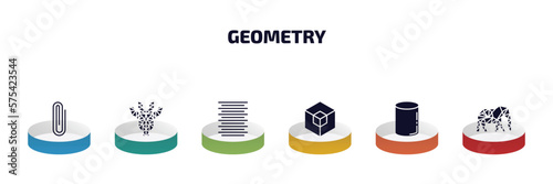 geometry infographic element with filled icons and 6 step or option. geometry icons such as clip, polygonal giraffe, center alignment, hexahedron, cylinder, polygonal elephant vector.