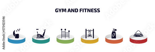 gym and fitness infographic element with filled icons and 6 step or option. gym and fitness icons such as sleep, exercise bike, gym ladder, exercise hang bar, fitness drink, bag vector.