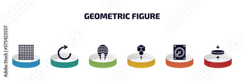 geometric figure infographic element with filled icons and 6 step or option. geometric figure icons such as grids, redo, fillet, front, disk, flatten vector.