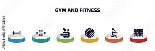 gym and fitness infographic element with filled icons and 6 step or option. gym and fitness icons such as exercising dumbbell, gymnastic roller, fitness nutrition, gymnastic ball, dumbbells