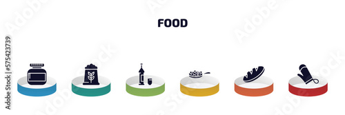 food infographic element with filled icons and 6 step or option. food icons such as protein container, fodder, alcoholic, buddhas delight, loaf of bread, cooking mitts vector.