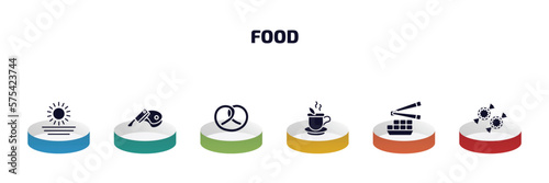 food infographic element with filled icons and 6 step or option. food icons such as morning, butcher, pretzel, hot herbal, fried tofu curd balls, polvoron vector.