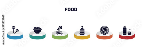food infographic element with filled icons and 6 step or option. food icons such as lollypop, risotto, ice cream truck, water container, wonton noodles, thermo flask vector.