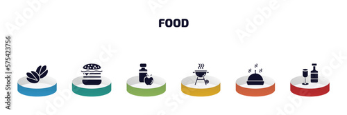 food infographic element with filled icons and 6 step or option. food icons such as pistachio, hamburguer, cider, grill, serving dish, alcoholic drinks vector.