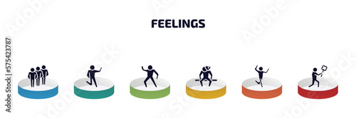 feelings infographic element with filled icons and 6 step or option. feelings icons such as content human, crappy human, positive human, heartbroken silly sorry vector.
