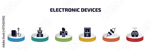 electronic devices infographic element with filled icons and 6 step or option. electronic devices icons such as electric blanket, food processor, print, mourap, connector, humidifier vector.