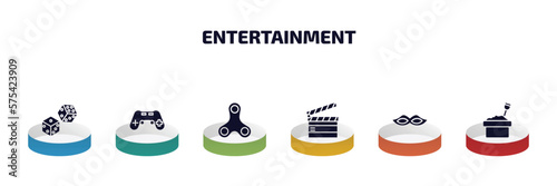 entertainment infographic element with filled icons and 6 step or option. entertainment icons such as dices, gamepad, spinner, clapboard, masquerade, sandbox vector.