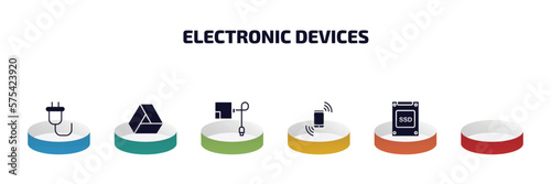 electronic devices infographic element with filled icons and 6 step or option. electronic devices icons such as plug, drive, magsafe, lisa, cell phone, ssd vector.