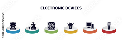 electronic devices infographic element with filled icons and 6 step or option. electronic devices icons such as heater, cold-pressed juicer, asic miner, pressure cooker, personal computer, trimmer
