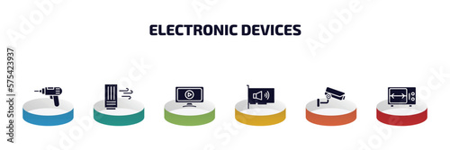 electronic devices infographic element with filled icons and 6 step or option. electronic devices icons such as driller, air purifier, smart tv, sound card, video surveillance, rotisserie vector.