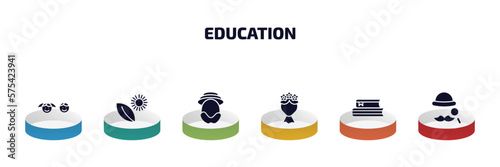 education infographic element with filled icons and 6 step or option. education icons such as kids, photosynthesis, robinson crusoe, bouquet, books, sherlock holmes vector.