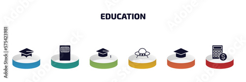 education infographic element with filled icons and 6 step or option. education icons such as graduation cap, book of black cover, graduation hat, ufo, graduate, calculator and dollar vector.