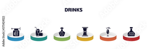 drinks infographic element with filled icons and 6 step or option. drinks icons such as pub, juice, liquor, jigger, sex on the beach, mashing vector.