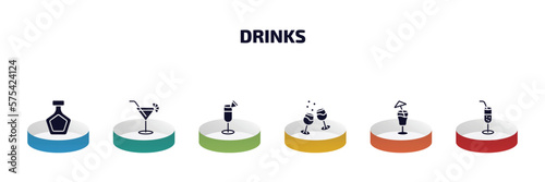 drinks infographic element with filled icons and 6 step or option. drinks icons such as brandy, cosmopolitan, pisco sour, glasses with wine, mai tai, ramos gin fizz vector.