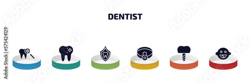dentist infographic element with filled icons and 6 step or option. dentist icons such as dental checkup, dentist, dental protection, headlamp, implant, baby dental vector.