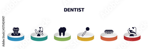 dentist infographic element with filled icons and 6 step or option. dentist icons such as dental plaque, dental chair, cavity, dentist mirror, lingual braces, examination vector.