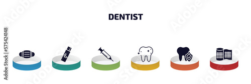 dentist infographic element with filled icons and 6 step or option. dentist icons such as dentist mask, chewing gum, empty syringe, shiny tooth, prophylaxis, gauze vector.