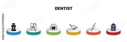 dentist infographic element with filled icons and 6 step or option. dentist icons such as mouth wash, medical prescription, dental, dental care, periodontal scaler, health report vector.