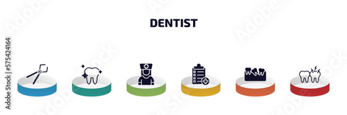 dentist infographic element with filled icons and 6 step or option. dentist icons such as tooth pliers, white teeth, male nurse, medical list, malocclusion, toothache vector.