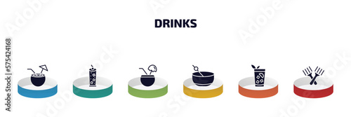 drinks infographic element with filled icons and 6 step or option. drinks icons such as malibu, tom collins, planter's punch, greyhound drink, cuba libre, forks vector.