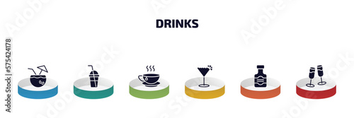 drinks infographic element with filled icons and 6 step or option. drinks icons such as coconut drink, smoothie, tea, sidecar drink, whiskey, wine toast vector.