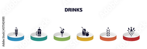 drinks infographic element with filled icons and 6 step or option. drinks icons such as latte, french press, blue lagoon, tomato juice, grain, bunch of grapes vector.