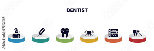 dentist infographic element with filled icons and 6 step or option. dentist icons such as sick boy, tampon, molar crown, clean tooth, radiograph, check up vector.