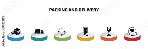 packing and delivery infographic element with filled icons and 6 step or option. packing and delivery icons such as delivery shield, supply chain, door, fragile, customer support vector.
